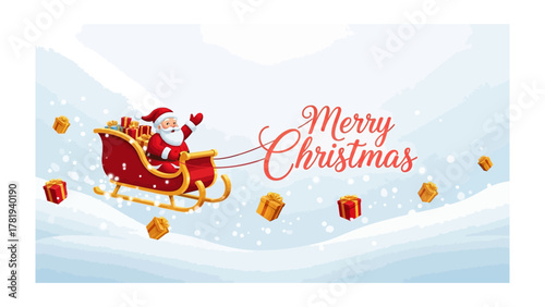 Santa's Christmas Journey: Santa Claus, filled with Christmas spirit, soars through the snowy sky in his festive sleigh, delivering gifts to celebrate Christmas.