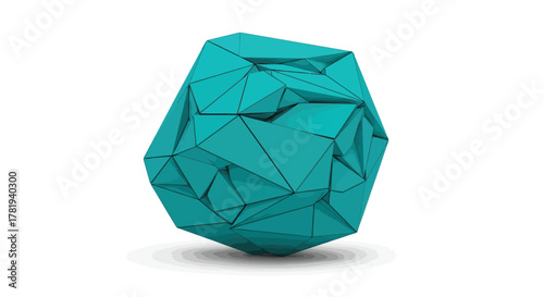 Abstract geometric shape in turquoise, faceted and polygonal, with a shadow cast on a white background, representing digital art and modern design concepts
