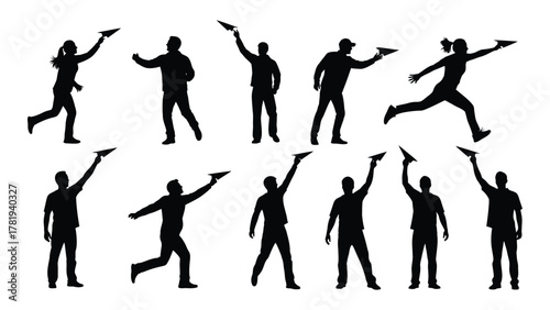 Dynamic paper airplane silhouettes isolated on white background, Vector