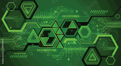 Futuristic Technology Background with Geometric Patterns and Circuitry Elements in Green Tones