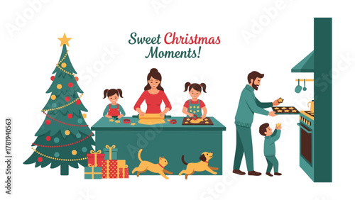 Sweet Christmas Moments: A heartwarming scene unfolds with a family's joyous holiday preparations, baking together amidst the festive spirit and a decorated Christmas tree.