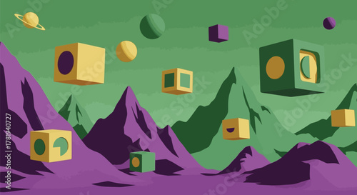 Abstract Geometric Shapes Floating in a Surreal, Colorful, Alien Landscape with Mountains