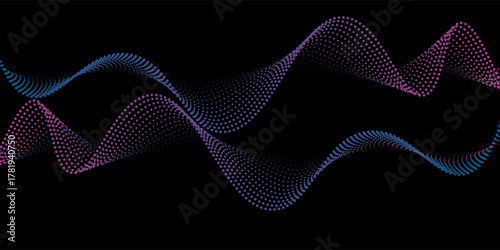 Flowing dots particles wave pattern pink and blue isolated on black, background. Vector in concept of technology, science, music, modern.