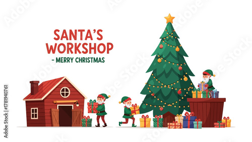 Santa's Workshop Merry Christmas: A cheerful illustration of Santa's workshop at Christmas, showing a decorated Christmas tree, a house and elves.