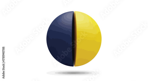 A three-dimensional sphere divided into two equal blue and yellow parts. A glossy, modern symbol for balance and contrast. Abstract vector graphic element