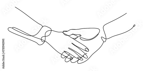 Continuous line drawing of a handshake, a minimalist vector art concept symbolizing agreement, partnership, and successful connection on white.