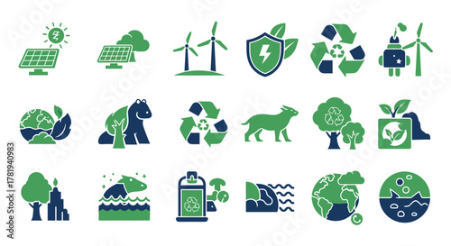Ecology and environment icon set featuring renewable energy, sustainability, and nature symbols in a vector illustration