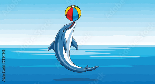 Delightful Dolphin Balancing Beach Ball Vector Illustration