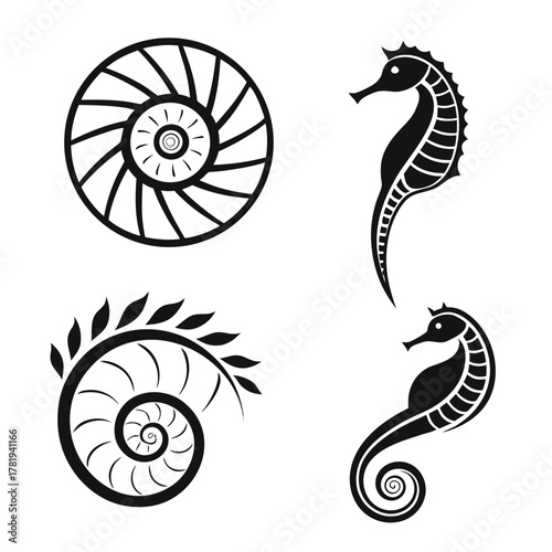 Collection of stylized black seahorses and nautilus shells on white background