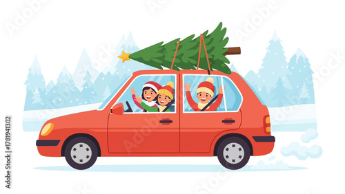 Festive Family Road Trip: A vibrant illustration depicts a family's joyous journey, as they transport a Christmas tree atop their car, through a snowy landscape filled with wintery charm. 