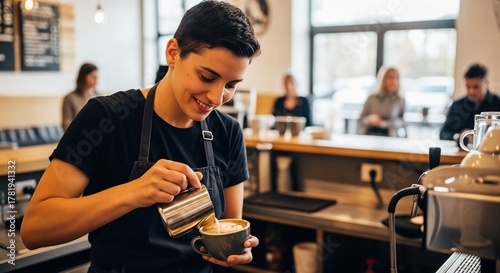 Barista making latte art in a cozy coffee shop full of customers