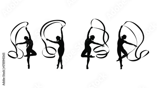 Rhythmic gymnastics silhouettes with ribbons isolated on white background, Vector