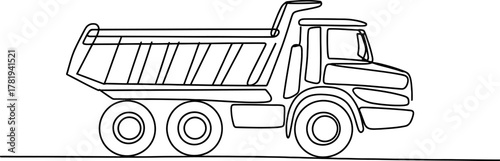 Continuous line drawing of a heavy-duty dump truck, side view, used in construction and mining for transporting materials and earthworks.