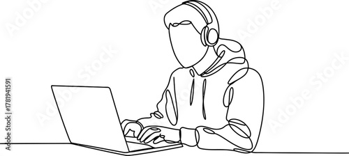 Continuous line drawing of a person wearing headphones, focused intently while typing on a laptop, symbolizing remote work, study, or online communication.