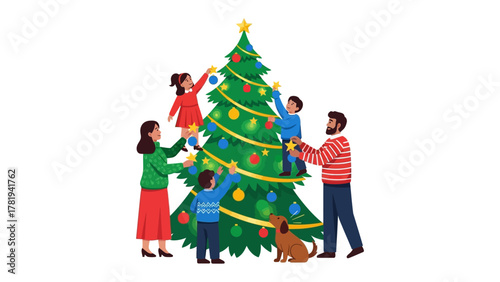 Family Adorning a Christmas Tree: A family joyfully decorates their Christmas tree, a beacon of festive cheer, creating a cherished moment of togetherness and celebration.