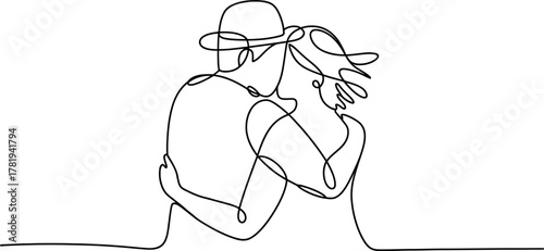 Continuous line art drawing of a loving couple embracing tenderly, symbolizing romance, intimacy, and connection in a minimalist and modern style.