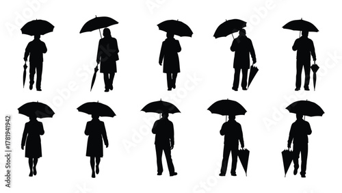 People with umbrellas silhouettes isolated on white background, Vector