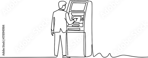 One continuous line drawing of a businessman operating an automated teller machine (atm) for financial transactions, banking services.