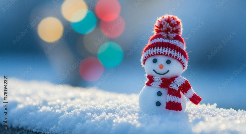 Fototapeta premium Snowman in Red Hat Playing and Throwing Snow in a Winter Forest v2