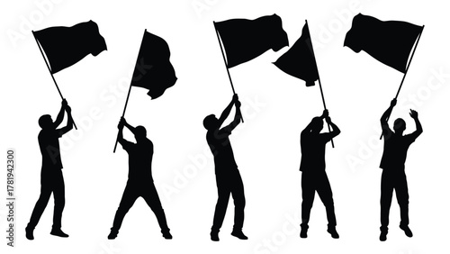 People with waving flags silhouettes isolated on white background, Vector