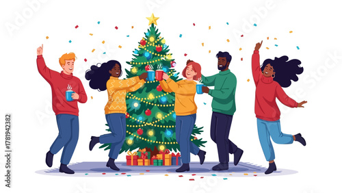 Fotografie Festive Gathering: Friends joyously celebrate a holiday, adorned with decorative