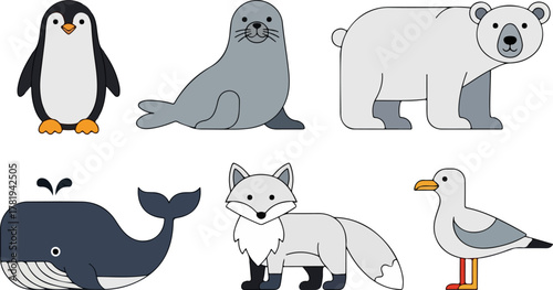 Cute cartoon animal heads set illustration, with polar bear, fox, penguin, whale, seal, and seagull characters
