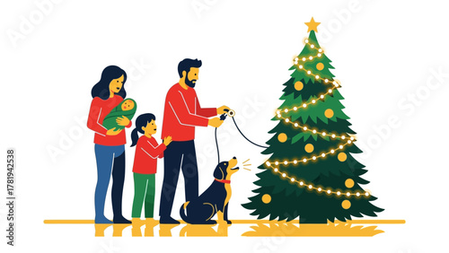 Holiday Family Scene with Tree: A warm holiday illustration depicts a family and dog beside a decorated Christmas tree, a scene of togetherness and joy.