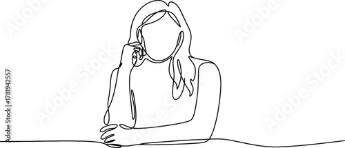 Continuous line art drawing of a woman talking on a phone, hands gently resting, a minimalist and elegant abstract illustration, symbolizing communication.