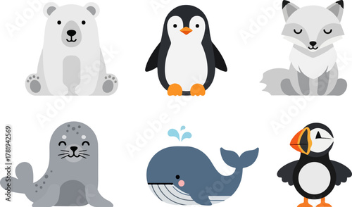 Cute cartoon arctic animals set featuring a polar bear, penguin, arctic fox, seal, whale, and puffin, perfect for children's designs and educational content, showcasing adorable animal heads