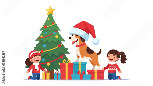 Joyful Holiday Gathering: A heartwarming illustration of a Christmas scene, where two children and a dog are happily gathered, embracing the spirit of the season. They're surrounded by gifts.