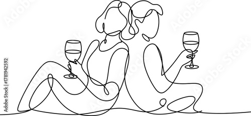 Continuous line art of a couple or friends enjoying wine together. minimalist drawing of two people with glasses celebrating, back to back, vector.