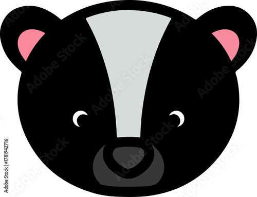 Cute cartoon skunk animal head illustration, playful black and white skunk face with stripe, perfect for children's books and designs