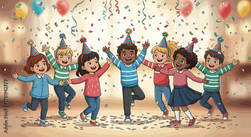 Cartoon woman in warrior pose on yoga mat in bright room.