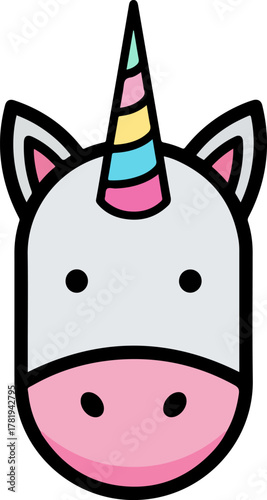 A whimsical cartoon unicorn head, featuring a rainbow horn and cute pink nose, is presented as a delightful animal graphic, perfect for fantasy and magical themes