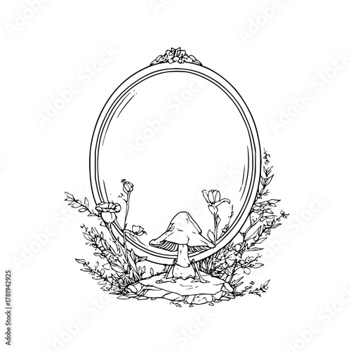 Oval frame with floral decorations and a mushroom at the bottom in a black and white drawing style