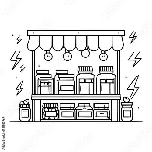 Illustration of a market stall with jars on shelves under a canopy with hanging lights and lightning bolts
