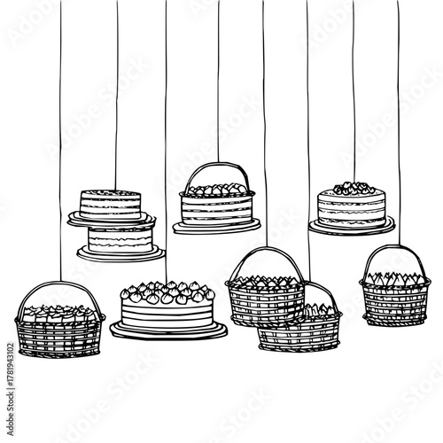 Cakes and baskets hanging from strings in a black and white line drawing illustration style image