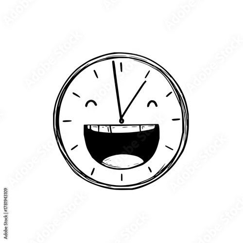 A whimsical clock with a smiling face and open mouth displaying teeth in a cartoon style drawing design