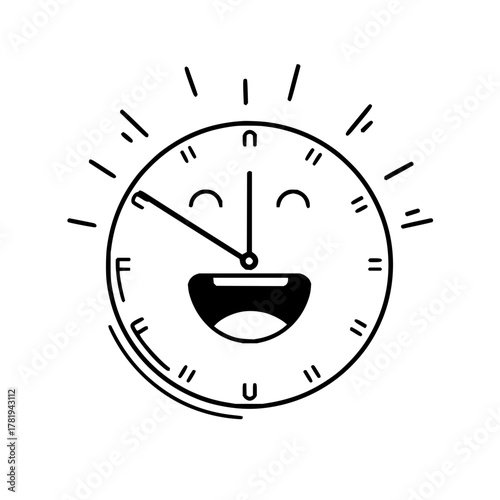 A cheerful clock face with a wide open mouth and hands indicating time with radiating lines around it