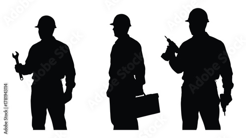 Worker silhouettes with tools isolated on white background, Vector