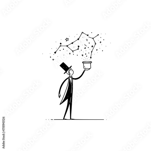 Magician in tuxedo with top hat pulls constellation and stars from a magic hat in a whimsical drawing