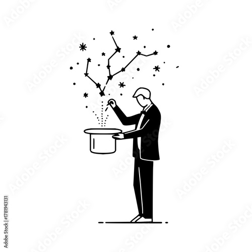 Magician in a suit holding a top hat with a wand and a constellation above it in black and white art