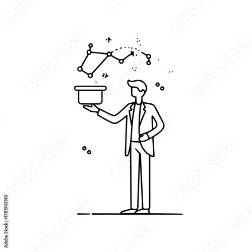 Magician performing a trick with a hat and a constellation in a black and white line drawing style