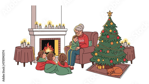 Cozy Christmas Gathering: A heart warming scene depicts an elderly woman sharing a story with several children during Christmas time, surrounded by holiday decorations.