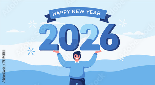 A person celebrating the Happy New Year 2026, holding up large blue numbers against a light blue background with snowflakes.
