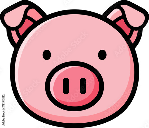 Close-up cartoon animal head illustration, a cute pink pig's face with a black outline, perfect for playful designs and children's themes, conveying innocence and fun