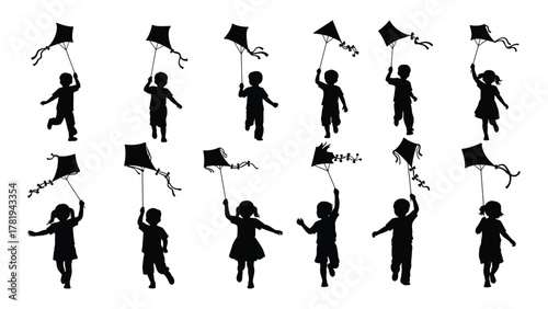 Children flying kites silhouettes isolated on white background, Vector
