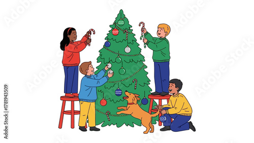 Festive Preparations: Children enthusiastically decorate a Christmas tree with ornaments, sharing laughter and creating lasting memories.  A playful puppy joins the festive scene.