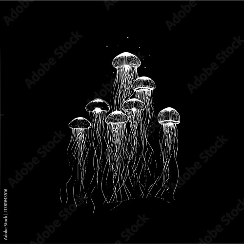 A cluster of white jellyfish floating in the dark abyss with long flowing tentacles and round caps