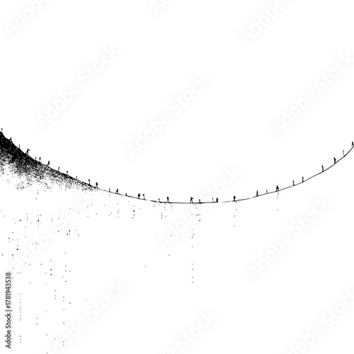 Silhouetted figures walking along a curved line in a black and white minimalist artistic representation